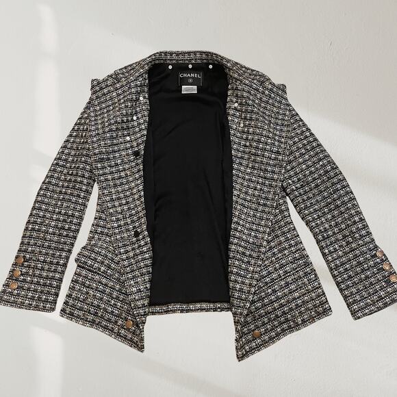 Chanel 05 Black White Plaid Tweed Sequin Jacket FR 40 | Gold Buttons Blazer Rare - Picture 6 of 16